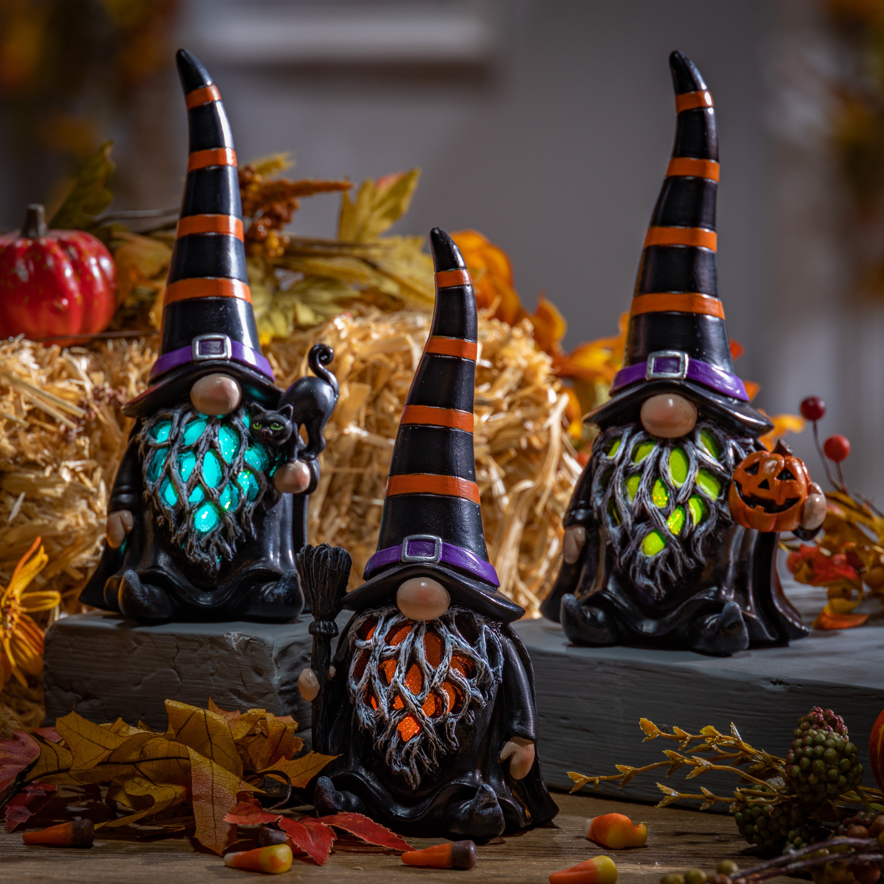 Set of 3 Spooky Lighted Halloween Gnome Witch Figurine , Timer